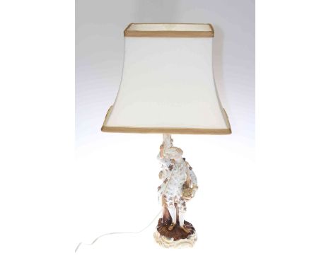 Continental porcelain figure lamp with silk shade