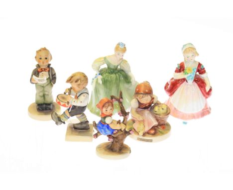 Two Royal Doulton figures Fair Maiden and Valerie and four Hummel figures (6)