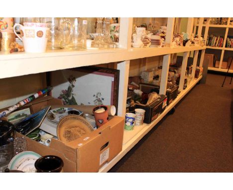 Full shelf of glass and china including Doulton plates, Denby, storage jars, Wedgwood, collectors plates, etc