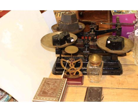 Two sets of kitchen scales and weights, postal scale, 1920 etched glass salt jar, Anglo Indian box and book