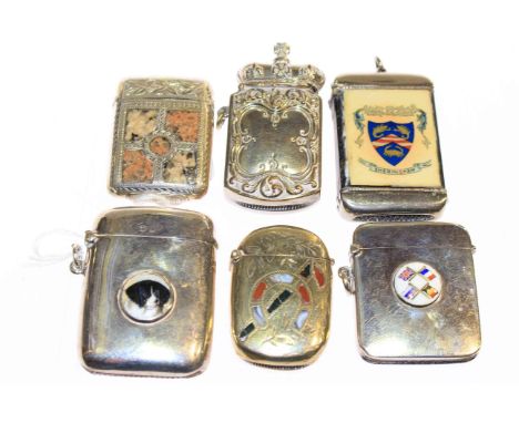 Two silver and enamel vesta's, agate vesta, etc (6)