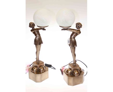 Pair of Art Deco style table lamps modelled as standing ladies holding globe shades