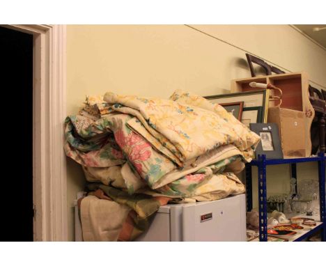Collection of pictures, various curtains, light fittings and wall shelf