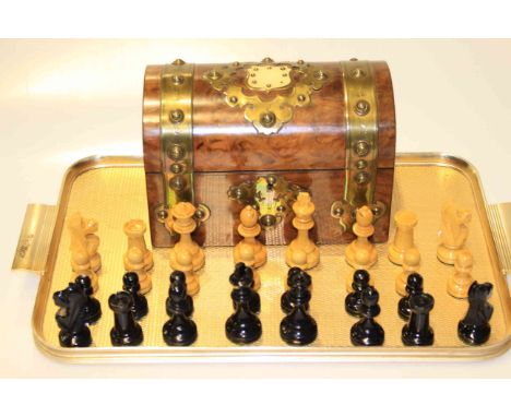 Walnut brass bound dome top tea caddy and part chess set