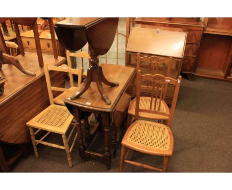 Small oak gate leg table, Strongbow mahogany drop leaf coffee table and two pairs of bedroom chairs (6)