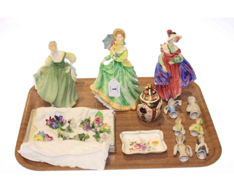 Three Royal Doulton figures, Fair Lady, Elizabeth and Lady April, Royal Crown Derby lidded jar and pin dish, china posies and