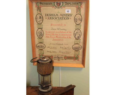 Durham Miners Association Pioneers Diploma presented to John Whealley and Patterson type H.C.P. miners lamp