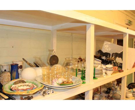 Kitchen scales and weights, pair of horse door stops, blue and white meat plates, teaware, carver set and cutlery, glassware,