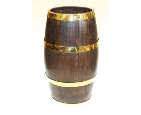 Oval oak and brass bound coopered stick stand