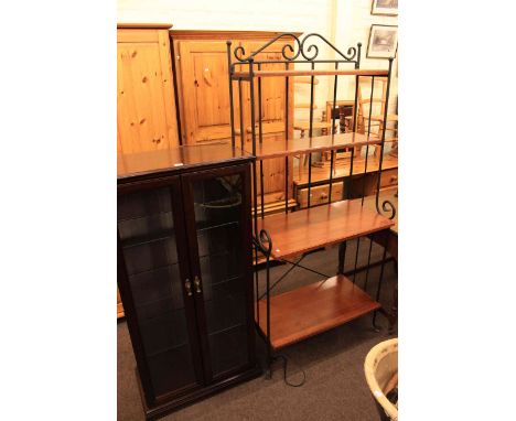 Mahogany two door illuminated display cabinet and wrought metal and wood shelf unit (2)