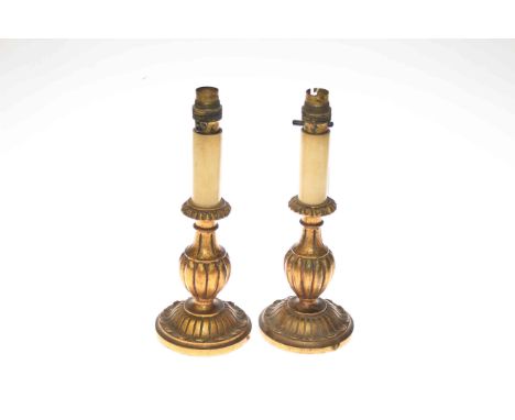 Pair of gilt wood table lamp bases in the form of candlesticks