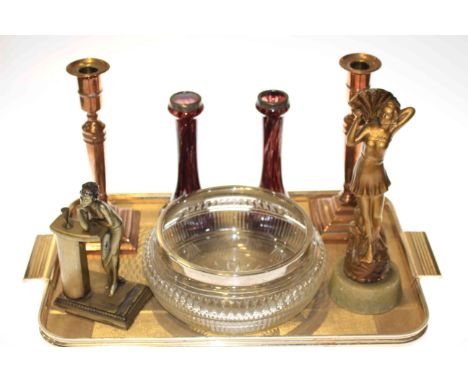 Pair of copper candlesticks, pair of silver rimmed vases and bowl, table lighter and gilt metal figure