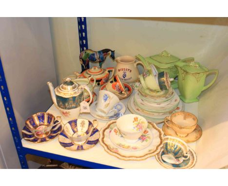 Shelley Paragon and other cups and saucers, whisky water jug, Royal Winton teapot and water jug, etc