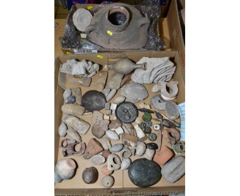 TWO BOXES OF MIXED ANCIENT ROMAN MISCELLANEOUS ITEMS, to include knapped flint tools, axe heads, musket ball, loom weights, b