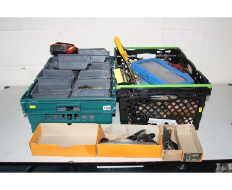 TWO TRAYS CONTAINING TOOLS AND HARDWARE, including a boxed Stanley No.220 block plane, a boxed Stanley No.4 plane, saws, chis