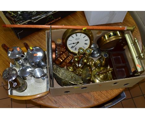 A BOX OF METALWARE AND LOOSE, including Piquot Ware four piece tea service and trays, brass footed kettle with amber glass ha