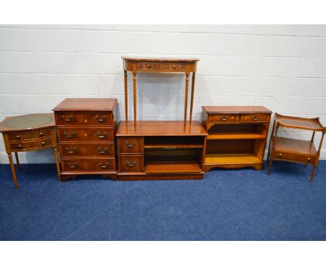 A YEW WOOD GREEN LEATHER TOPPED SPERPENTINE SIDED OCCASIONAL TABLE, with two drawers, 54cm square x height 64cm, together wit