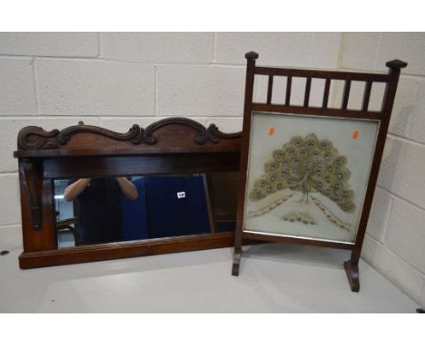 A VICTORIAN ROSEWOOD OVERMANTEL MIRROR (top to a chiffioner), width 125cm x height 65cm together with an oak Arts and Crafts 