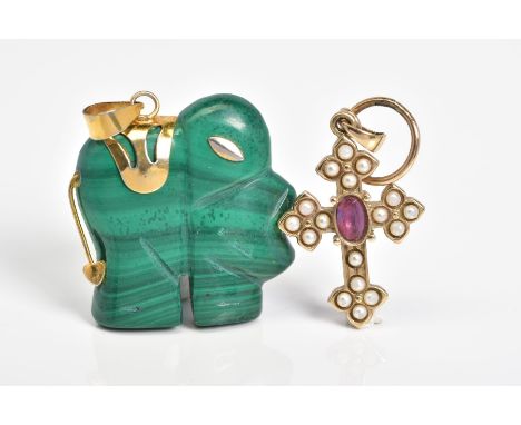 TWO PENDANTS, the first a 9ct gold cross pendant set with a central oval cut amethyst, with split pearl detail surround, susp