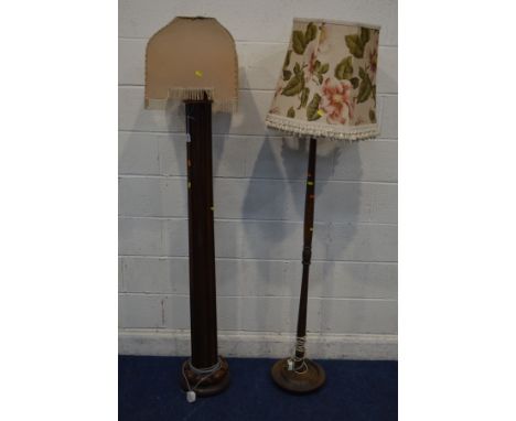 A LATE VICTORIAN MAHOGANY COLUMN STANDARD LAMP with a shde, height 82cm, together with another standard lamp (2)