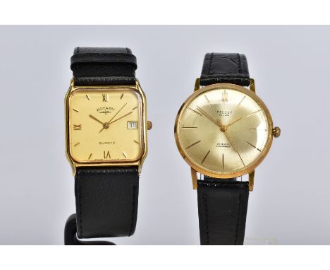TWO GENTLEMENS WRISTWATCHES, to include a Rotary quartz watch, with square dial, Roman numerals and baton markers, fitted to 