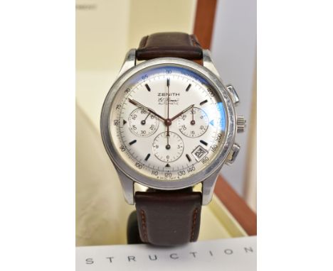 A ZENITH EL PRIMERO AUTOMATIC CHRONOGRAPH WRISTWATCH, silvered dial with baton and arrow markers, three chronograph subsidiar