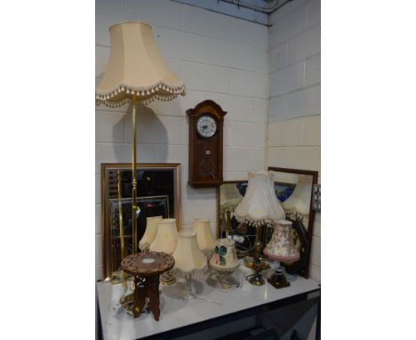 A QUANTITY OF MISCELLANEOUS, to include a modern quartz wall clock, five various wall mirrors, a modern brassed standard lamp