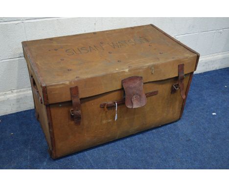 A VINTAGE BROWN CANVAS AND LEATHER BANDED TRUNK, marked A E RICKARDS, BATH, permanent marker to the top, width 89cm x depth 5
