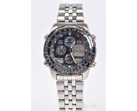 A GENTLEMENS CITIZEN WORLD TIME CHONOGRAPH PROMASTER WRISTWATCH, with a black multi functional dial, bidirectional black beze