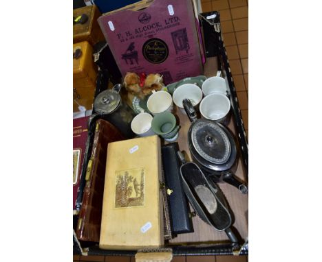 A BOX OF SUNDRIES AND A PICTURE, to include Wedgwood green jasperwares, small Steiff 'Peky' Pekingese dog, No4120/10, height 