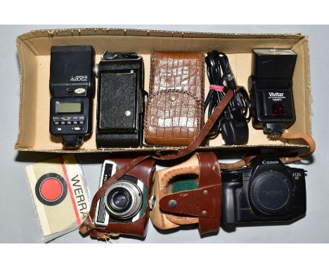 A CANON EOS RT CAMERA, a Vivitar auto focus zoom 728AFC, a Werral camera and leaflet, a Canon Speedlite 420EZ, etc