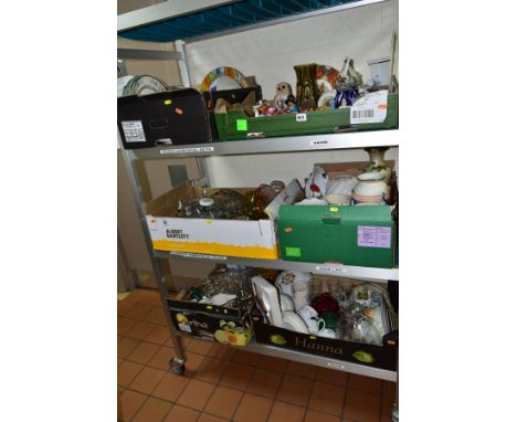 SIX BOXES OF MISCELLANEOUS CERAMICS AND GLASS WARE, including Copeland Spode 'Chinese Rose' dinner ware, a group of jardinier
