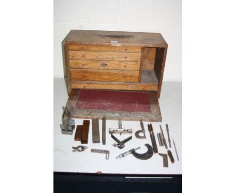 AN ENGINEERS TOOLBOX, by John Hall (Tools) Ltd, constructed from oak with a lift off front panel with lock but no key and fiv
