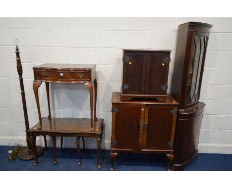 A QUANTITY OF VARIOUS REPRODUCTION MAHOGANY AND BURR WALNUT FURNITURE, to include a serpentine side table with a single drawe