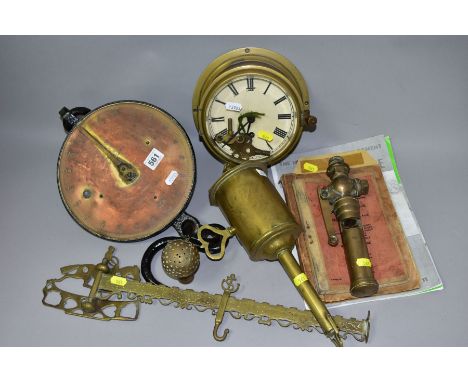 A QUANTITY OF ASSORTED BRASS AND METALWARE ETC, to include unmarked ships clock (with keys), Salters Trade Spring Balance, Sa