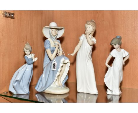 FOUR NAO FIGURES, Girl with Straw Hat, height 28cm, Girl Yawning, height 29cm, Girl Holding Her Skirt, No1110 and Girl Holdin