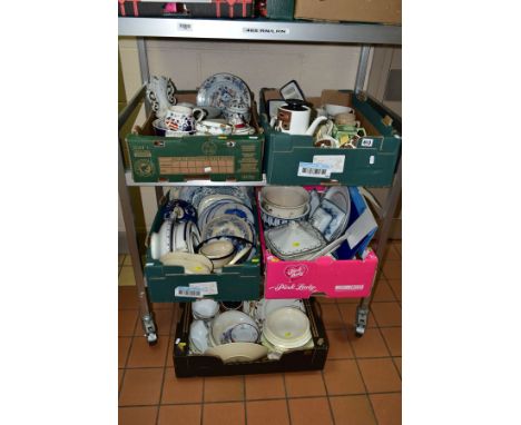 FIVE BOXES OF MOSTLY 19TH AND 20TH CENTURY CERAMICS, to include Gaudy Welsh, a late 18th Century Chinese export porcelain pla