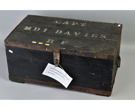 A LARGE WOODEN WWII ERA OFFICERS TRUNK/CHEST, approximately 68cm x 40cm x 32cm with metal reinforcement bands, lift up lid wi