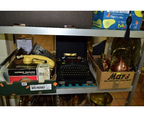 TWO BOXES AND LOOSE METALWARES AND MISCELLANOUS  ITEMS, etc, to include boxed table top electronic calculator model K-80D, Ph