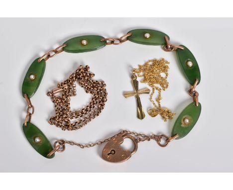A SELECTION OF JEWELLERY, to include a rose gold bracelet with oval nephrite jade panels each set with a single split pearl, 