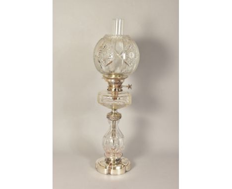 A LATE 19TH/EARLY 20TH CENTURY HINKS NO 2 LEVER OIL LAMP, with chimney, the clear glass spherical shade cut with star, lozeng