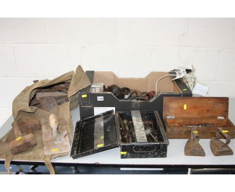 TWO TRAYS AND A SACK CONTAINING TOOLS, including automotive tools, oil cans, lathe cutters, die sets and builders tools, etc