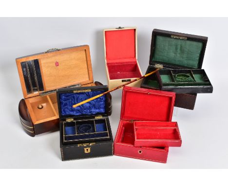 A SELECTION OF JEWELLERY BOXES AND A CHEROOT, to include five jewellery boxes such as a dark wooden box with engine turned de