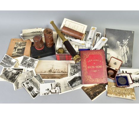 A BOX CONTAINING VARIOUS ITEMS attributed to a A B Clark, a sailor in the Royal Navy prior to WWII, included are a Naval bibl
