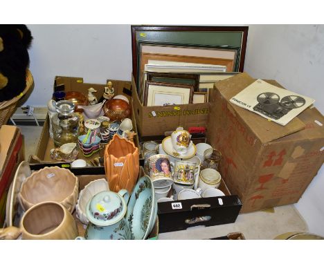 FIVE BOXES AND LOOSE CERAMICS, PICTURES,etc to include a boxed Sonector L S projector, Sylvac Squirrel jug, ref 4068, Victori