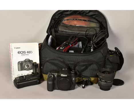 A CANON EOS 40D DIGITAL SLR CAMERA, fitted with a BG-E2 battery grip and a Sigma 10-20mm f4 DC HSM lens with hood (optics cle