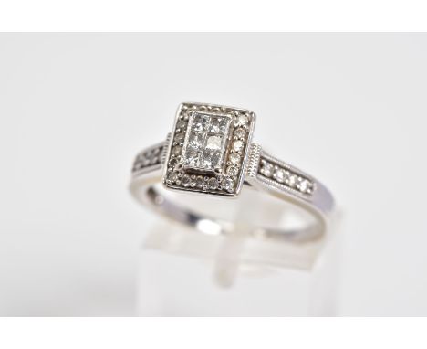 AN 18CT WHITE GOLD DIAMOND RING, designed with a central raised rectangular panel set with six princess cut diamonds and roun