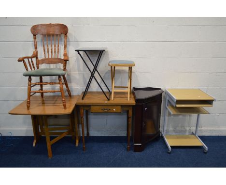 AN OAK SIDE TABLE with a single drawer, together with various other furniture to include a teak finish gate leg table, Americ