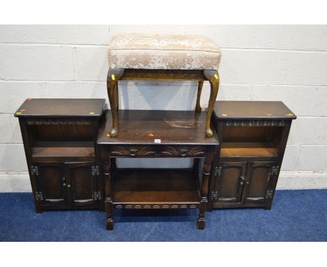 A PAIR OF SMALL OAK BOOKCASES with double cupboard doors, together with a similar lamp table with two small drawers and an oa