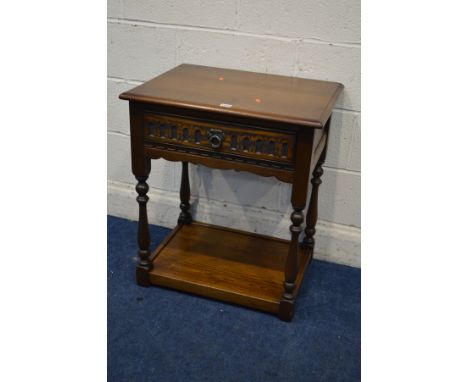 AN OLD CHARM OAK LAMP TABLE with a single drawer, width 62cm x depth 45cm x height 71cm